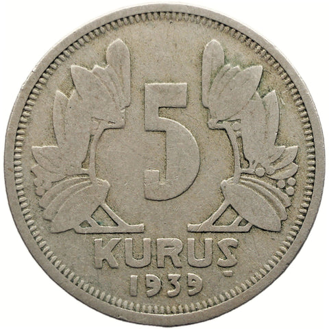 1939 5 Kurus Turkey Coin