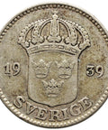 1939 G 25 Ore Sweden Coin Gustaf V Silver
