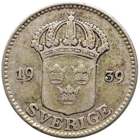 1939 G 25 Ore Sweden Coin Gustaf V Silver