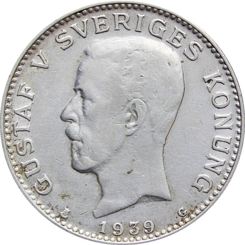1939 One Krona Coin Gustaf V Sweden Silver Coins Europe Scandinavia Old Money Numismatic Collectible European