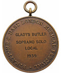 1939 Stratford and East London Musical Festival Bronze Award Medal by Pinches