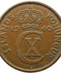 1940 5 Aurar Iceland Coin Christian X