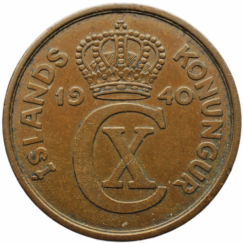 1940 5 Aurar Iceland Coin Christian X