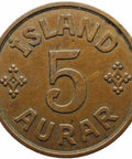 1940 5 Aurar Iceland Coin Christian X