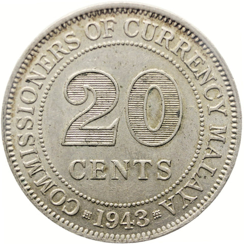 1943 20 Cents Malaya Coin George VI Silver