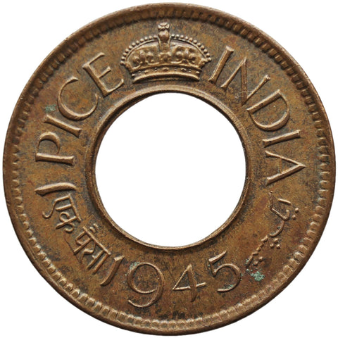 1945 1 Pice British India George VI Coin Flat crown Calcutta Mint