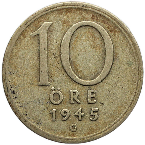 1945 G 10 Öre Sweden Coin Gustaf V Silver