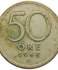 1945 G 50 Öre Sweden Coin Gustaf V Silver