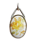 1970’s Vintage Silver Pendant Porcelain Painted Flowers Roses
