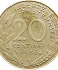 1986 20 Centimes France Coin Marianne Dolphin Mark