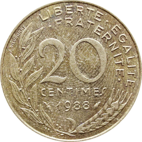 1988 20 Centimes France Coin Marianne Dolphin Mark