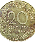 1992 20 Centimes France Coin Marianne Dolphin Mark