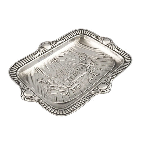 Antique 1897 Victorian Era Sterling Silver Card Tray Johnson, Durban & Co Ltd Birmingham Hallmarks Embossed scene of Sir Walter Raleigh