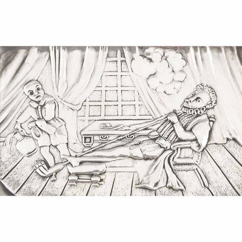 Antique 1897 Victorian Era Sterling Silver Card Tray Johnson, Durban & Co Ltd Birmingham Hallmarks Embossed scene of Sir Walter Raleigh