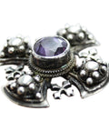 Antique Solid Silver Cross Brooch Amethyst Gemstone Hallmarked