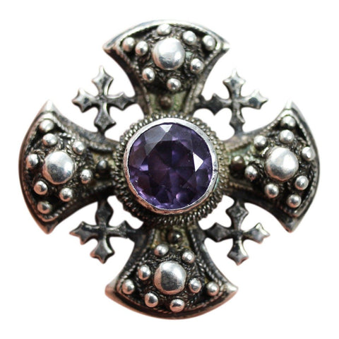 Antique Solid Silver Cross Brooch Amethyst Gemstone Hallmarked