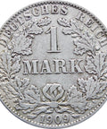 Germany 1909 One Mark Wilhelm II Silver Coin (type 2 - small shield)
