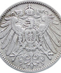 Germany 1909 One Mark Wilhelm II Silver Coin (type 2 - small shield)