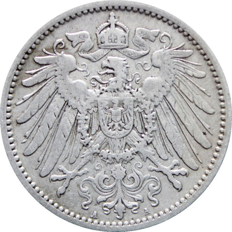 Germany 1909 One Mark Wilhelm II Silver Coin (type 2 - small shield)