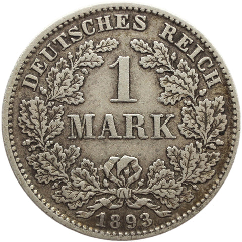 1893 D Germany One Mark Wilhelm I Coin Silver (type 2 - small shield) Munich Mint