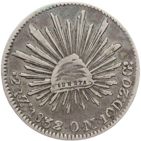 1832 Zs OM 2 Reales Mexico Coin Silver Mint Mexico City Overdate 2