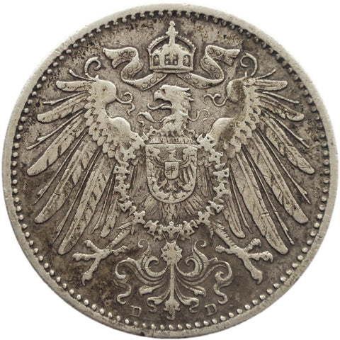 1893 D Germany One Mark Wilhelm I Coin Silver (type 2 - small shield) Munich Mint