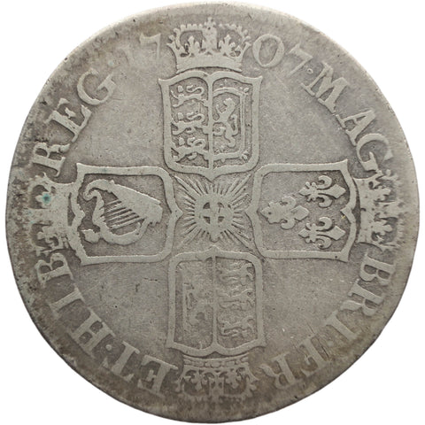 1707 E Half Crown Queen Anne Silver Coin British United Kingdom minted in Edinburgh, Scotland