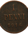 1916 1 Penni Finland Nicholas II of Russia Coin