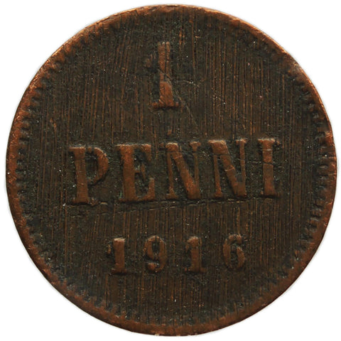 1916 1 Penni Finland Nicholas II of Russia Coin