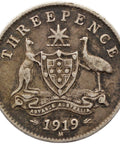 1919 3 Pence Australia Coin George V Silver Melbourne Mint