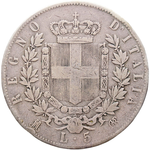 1875 M BN 5 Lira Italy Victor Emmanuel II Silver Coin Milano Mint