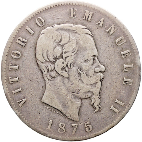 1875 M BN 5 Lira Italy Victor Emmanuel II Silver Coin Milano Mint