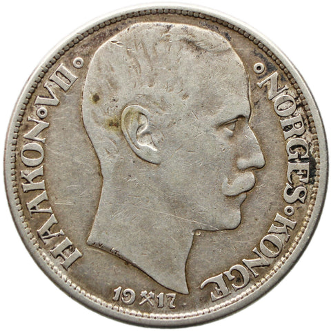 1917 One Krone Norway Coin Haakon VII Silver