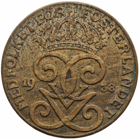 1938 2 Öre Sweden Coin Gustaf V