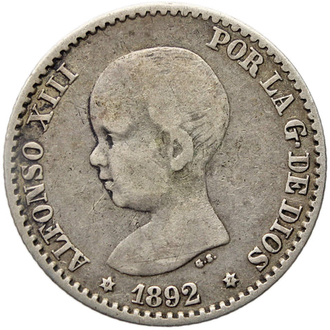 1892 PGM 50 Centimos Spain Coin Alfonso XIII Silver 1st portrait