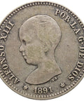 1891 PGM One Peseta Spain Coin Alfonso XIII Silver 1st portrait