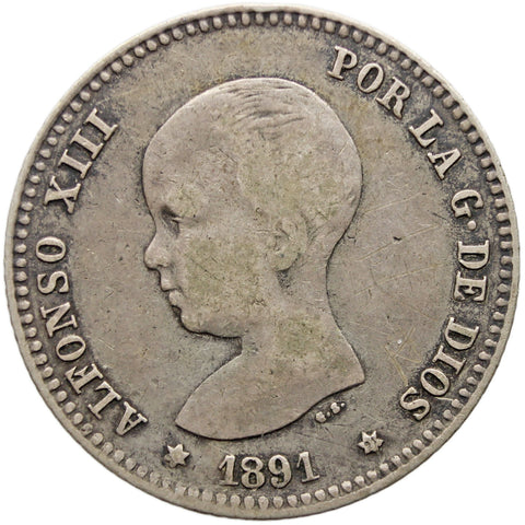 1891 PGM One Peseta Spain Coin Alfonso XIII Silver 1st portrait