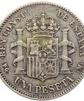 1891 PGM One Peseta Spain Coin Alfonso XIII Silver 1st portrait
