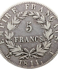 1811 T 5 Francs Napoleon I Coin France Silver Nantes Mint