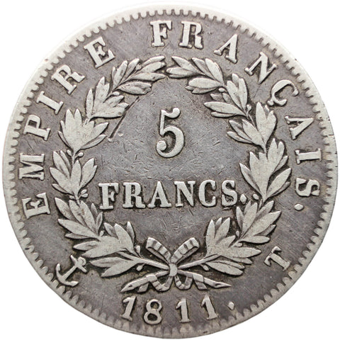 1811 T 5 Francs Napoleon I Coin France Silver Nantes Mint