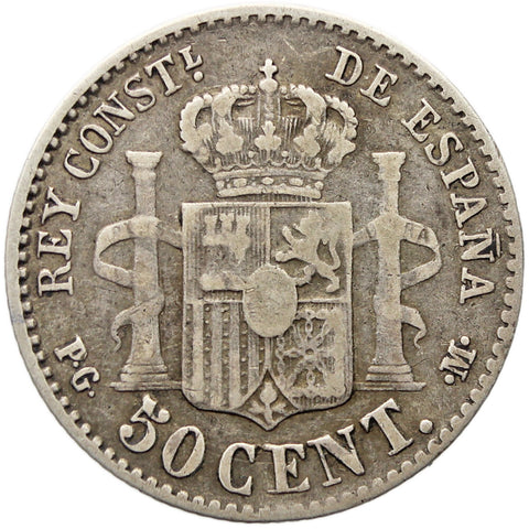 1892 PGM 50 Centimos Spain Coin Alfonso XIII Silver 1st portrait