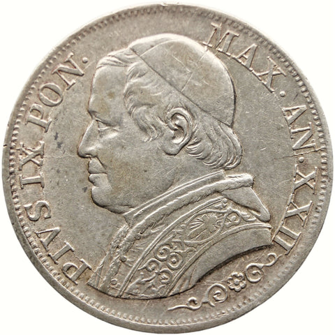 1867 1 Lira Papal Coin Italy States Pius IX Silver