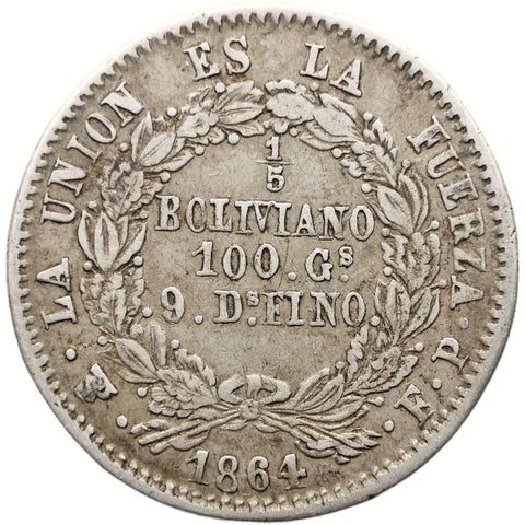 1864 1/5 Boliviano Bolivia Coin Silver