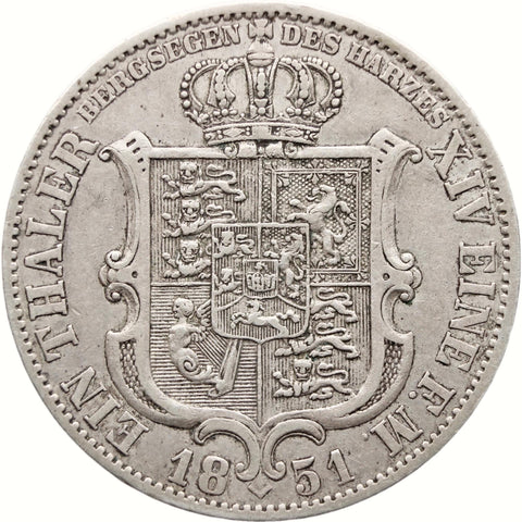 1851 B 1 Thaler Hannover Coin Germany Ernest Augustus Silver