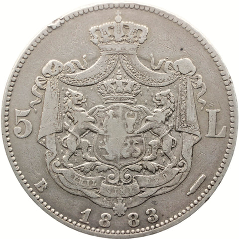 1883 B 5 Lei Romania Coin Silver Carol I Edge 6 Stars