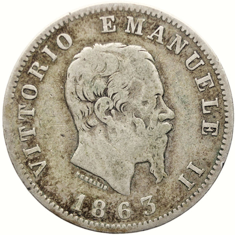 1863 Lira Italy Coin Vittorio Emanuele II Silver Milan Mint