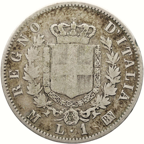 1863 Lira Italy Coin Vittorio Emanuele II Silver Milan Mint