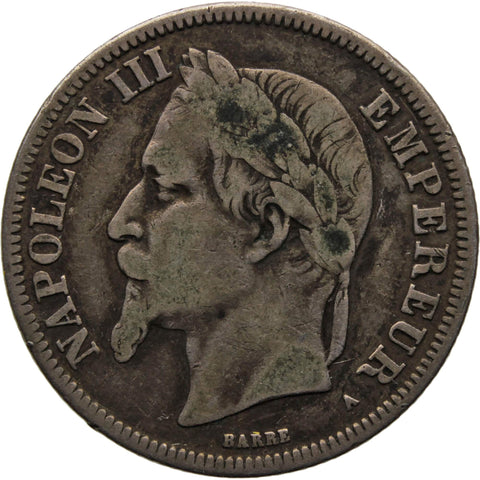 1869 2 Francs France Coin Napoleon III Silver Paris Mint