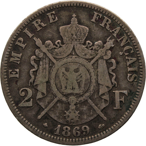 1869 2 Francs France Coin Napoleon III Silver Paris Mint