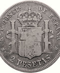 1882 2 Pesetas Spain Coin Alfonso XII Silver